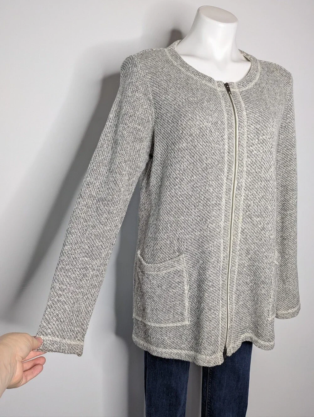 Eileen Fisher Grey Organic Cotton Long Sleeve Zip Up Sweater Cardigan Jacket M